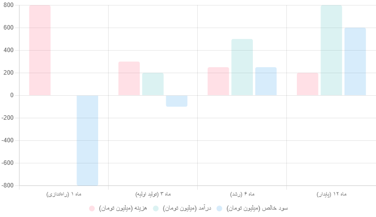 نمودار پیش‌بینی سود ماهانه (برای تولید ۱۰۰۰ بطری) عطر 