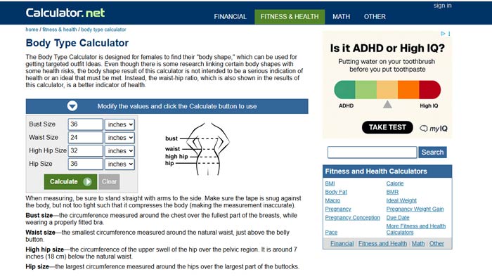 سایت خارجی: Calculator.net Body Type Calculator